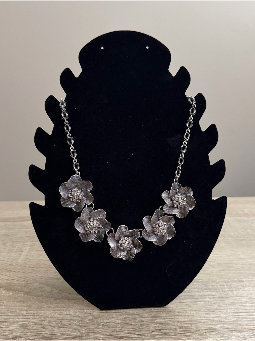 Antique Silver Floral Statement Necklace with Rhinestone Accents